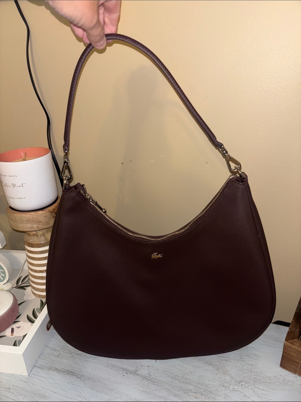 Lacoste Shoulder Bag in Deep Burgundy Saffiano Leather